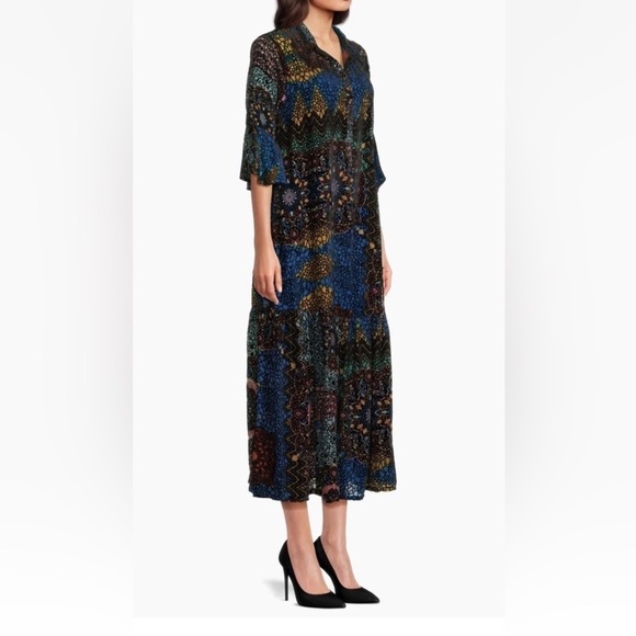 Johnny Was Nash Burnout Velvet Patchwork 3/4 Bell Sleeve Dress Small Multicolor - Picture 14 of 15